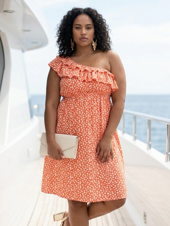 Lane Bryant Dresses & Skirts - Lane Bryant One Shoulder Dress 26W Orange Confetti Ruffle Plus Size Midi Outfit